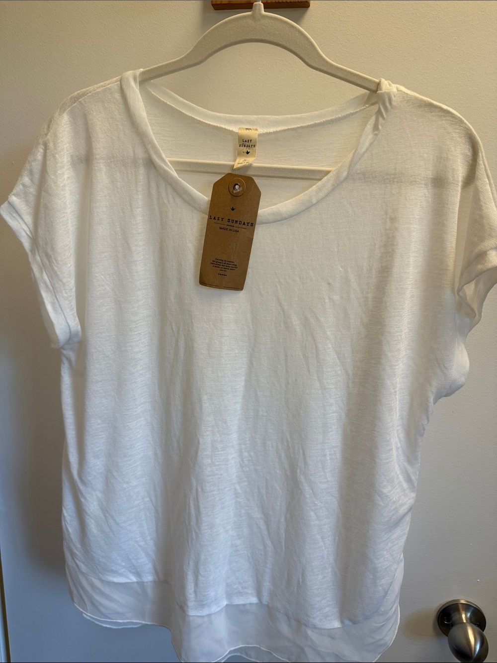 Sundays White Scoop Neck Short Sleeve Tee with Sheer Hem Panel